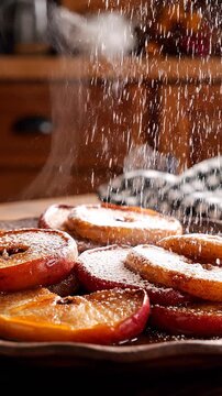 Close Up Steam Rising from Freshly Baked Cinnamon Apples Rustic Plate