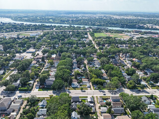 Fototapeta premium Saskatoon neighborhood, trees, houses, river, aerial view, residential area