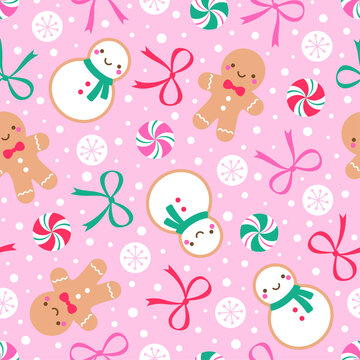 Cute cookies, candy and bow seamless pattern design for Christmas holidays background.