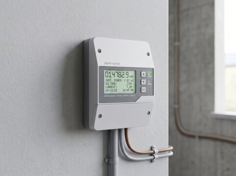 Modern digital smart meter mounted on a concrete wall measuring electricity consumption in kilowatt hours