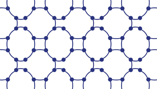 Minimalist seamless background pattern with interconnected blue circles and dot vertices on a white background.