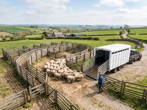 Mature Caucasian farmer moving a herd of sheep into a livestock trailer inside a wooden fenced pen on a rural countryside farm