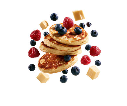 Stack of pancakes with berries and butter cubes isolated on transparent background