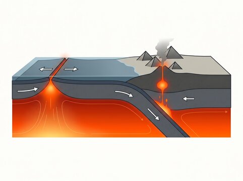 Cross section diagram of tectonic plate boundaries showing seafloor spreading at a mid-ocean ridge and subduction at a volcanic mountain arc