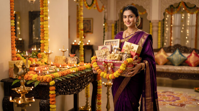 Smiling Indian woman in purple saree holding decorated Diwali gift hamper beside table of diyas and marigolds