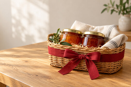 Geschenkkorb mit Konfit&uuml;re und Leinenserviette