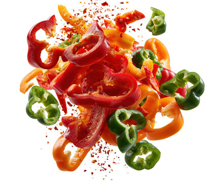Falling sliced bell peppers in red, orange, and green colors with chili flakes isolated on transparent background