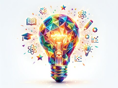 Colorful Geometric Light Bulb with Education and Science Icons
