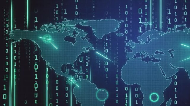 Cyber Security Global Threat Map with Binary Code Animation