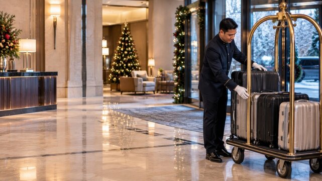 Hotel Bellhop Arranging Luggage on a Cart in a Luxurious Lobby During Christmas Season.