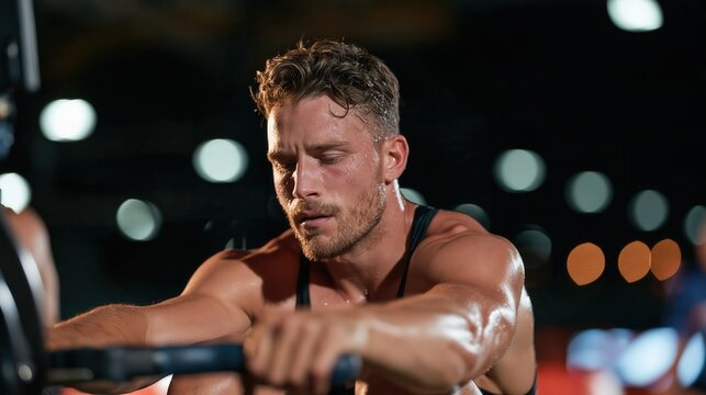 Intense portrait of a sweating muscular male athlete focused on pulling a rowing machine during a hardcore gym workout.