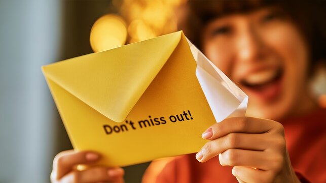 A woman smiling as she opens an envelope bearing the message &ldquo;Don&rsquo;t miss out!&rdquo;