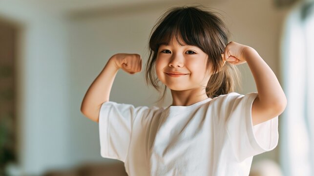 An energetic girl smiling while striking a victory pose and showing off her biceps

