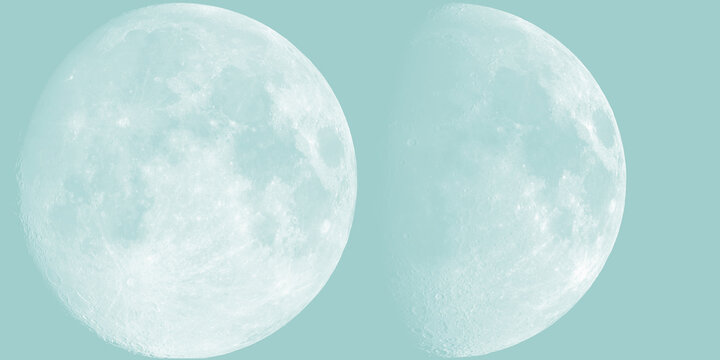 Detailed glowing full moon and crescent moon phases vector illustration on soft blue background for space science and astronomy design