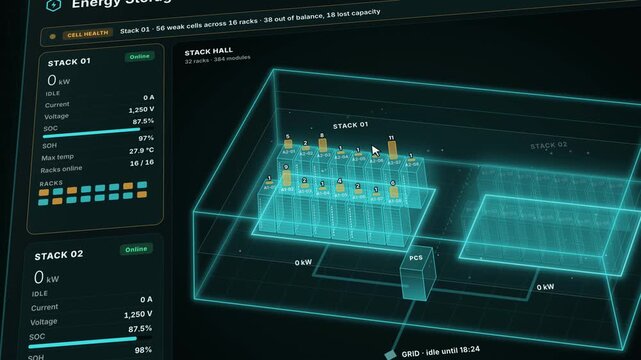 Battery Energy Storage System Dashboard, BESS SCADA Monitor, Weak Cell Thermal Alert, Grid Power Capacity Infographic, Teal Cyan Dark HUD Interface, Industrial Battery Rack Status Monitor