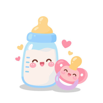 Cute kawaii baby bottle with milk and smiling pacifier pastel illustration