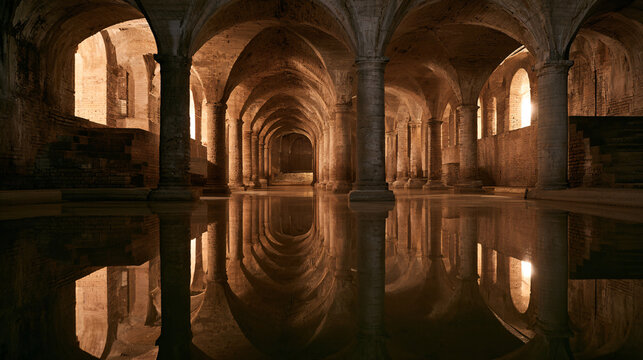 Architecture with stone columns and vaulted ceilings stands above a reflective pool of water inside a historic underground crypt.
