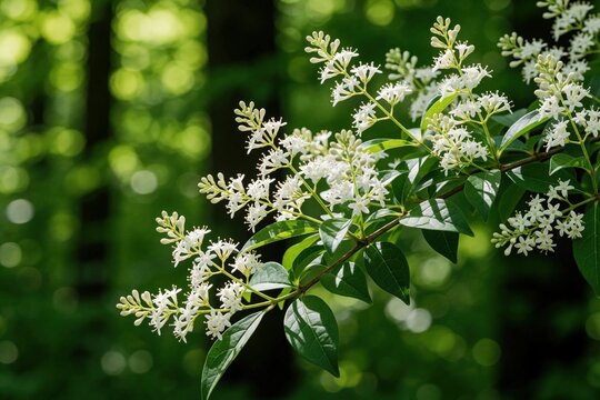 White privet flowers bloom on green leafy branch in spring garden. Close up of ligustrum vulgare shrub with small blossoms. Natural flora background in bright daylight. Common bush grows in wild