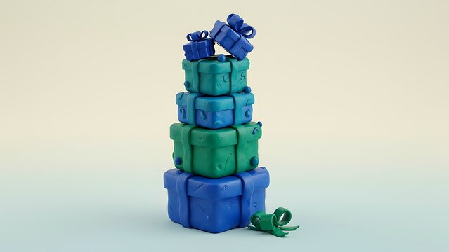 Tall vertical tower of multi-shaded blue and green plasticine gift boxes topped with tiny presents, created with generative ai.
