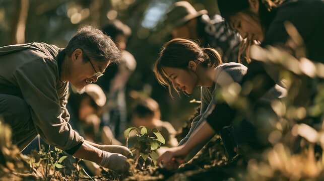 Men, women, and seniors volunteering to plant saplings as part of forest conservation efforts