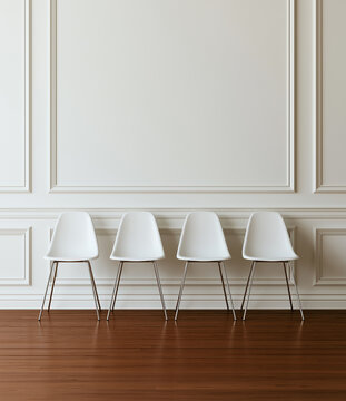 an eye level photograph depicts four retro fiberglass shell chairs positioned in a row 