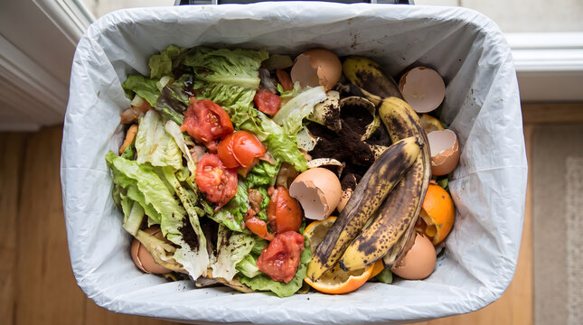 Top Down View of Organic Food Scraps and Waste Inside Kitchen Trash Can Liner