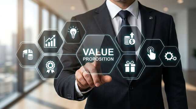 Businessman interacting with digital value proposition interface in office