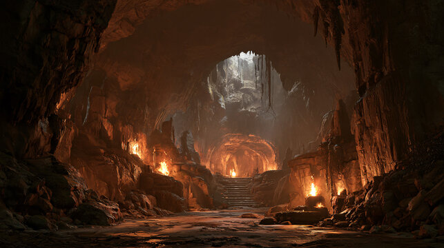 Subterranean cavern illuminated by glowing torches along a rocky pathway leading deeper inside.