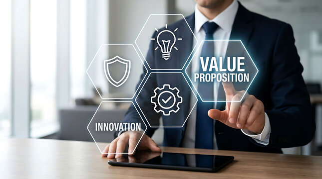 Businessman interacting with digital value proposition and innovation icons