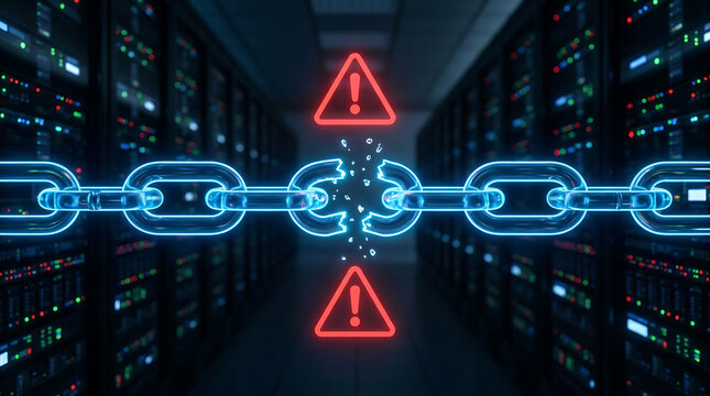 Broken digital blockchain data link network security system failure server room