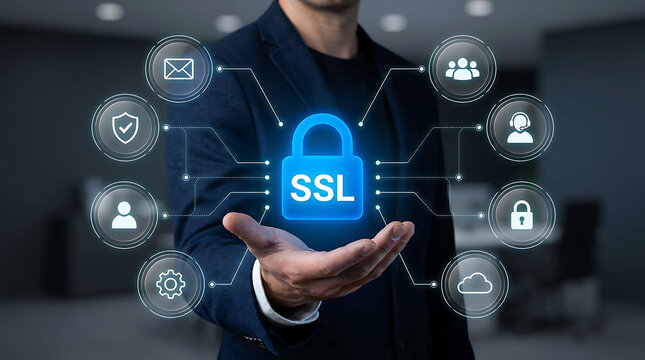 Businessman holding glowing digital SSL security padlock and communication icons