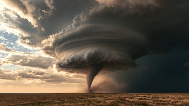 Tornado forms a wide destructive funnel beneath a massive shelf cloud over an empty field.