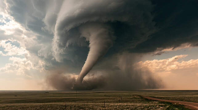 Tornado touches down over flat grassy plains beneath a dark rotating supercell thunderstorm cloud.