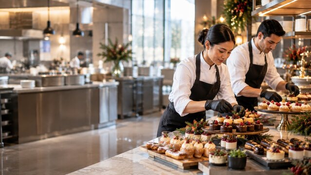Professional chefs preparing delicious desserts in a modern restaurant kitchen setting.