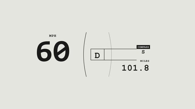 Minimalist digital car dashboard motion graphics showing speed and compass footage