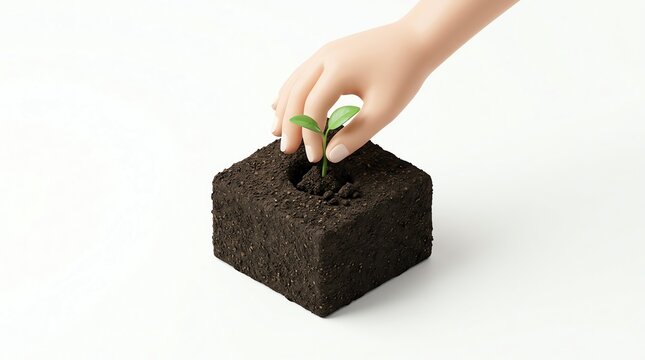Hand planting small sprout in soil cube