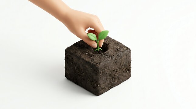 Hand planting small sprout in soil cube