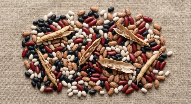 High-angle view of assorted dried beans like kidney, black, pinto, and navy beans with dry pods scattered on a rustic burlap texture, showcasing organic variety and healthy plant-based protein.