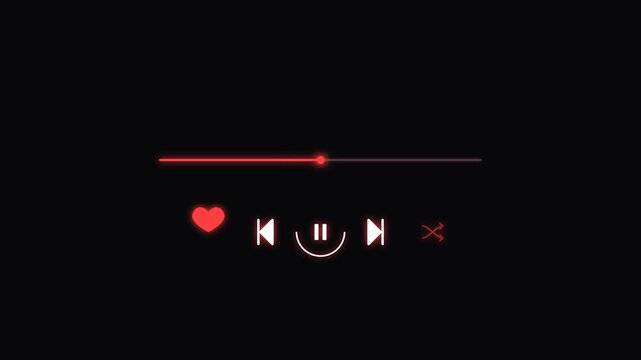 Minimalist digital music player footage with red heart icon and media control buttons.