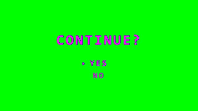 Retro arcade video game continue screen motion graphics on green screen background.