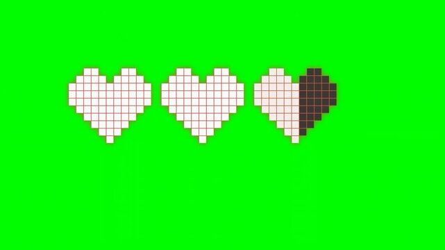 8-Bit Pixel Art Health Bar Footage with Three Hearts on Green Screen Background Loop