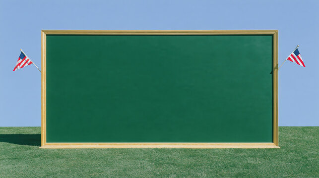 Blank green school chalkboard mockup with wooden frame and small flags outdoors, offering spacious copy space against blue sky and grass