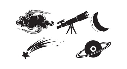 Astronomy and space concept icons featuring telescope moon galaxy cloud and comet vector. © md ashiki