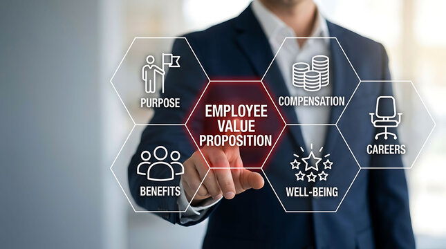 Businessman interacting with digital employee value proposition infographic