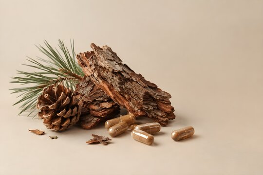 Pine Bark Extract Supplement with Natural Pine Cone and Amber Capsules on Beige Background