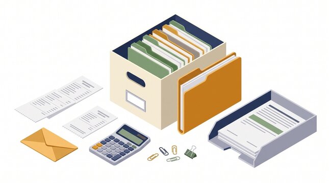 Isometric office archive vector illustration with file folders box calculator and documents
