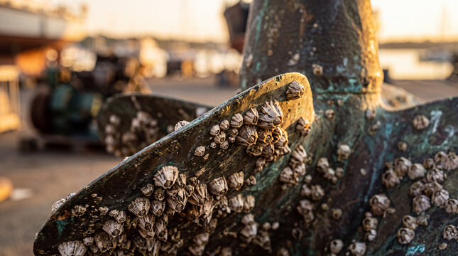 Rusty old boat propeller encrusted with barnacles in marine shipyard setting
