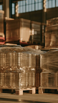 Clear plastic pallet wrap protects organized warehouse pallets of packaged goods, creating secure industrial storage scene with warm light