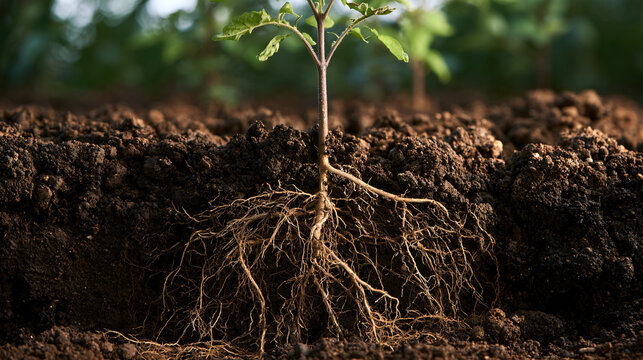 Plant roots spread beneath the dark soil layer showcasing natural subterranean growth.