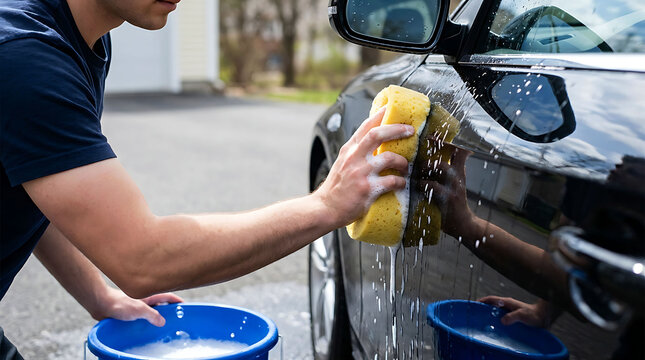 Man washing a black car with a yellow sponge and blue soapy bucket outside